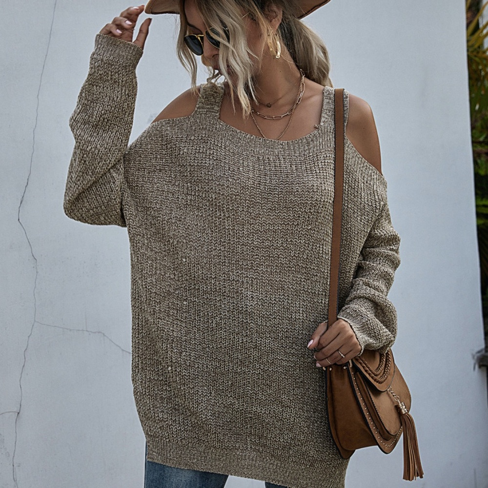 charcoal oversized cold shoulder knit fall sweater - Picture 7 of 11